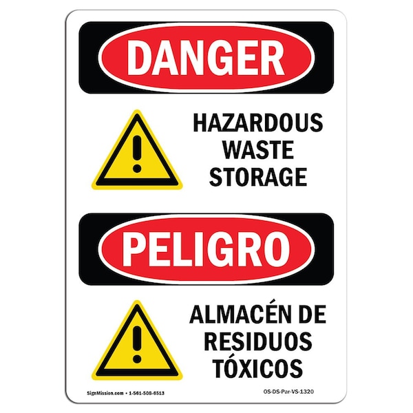 Safety Sign, OSHA Danger, 5" Height, Hazardous Waste Storage Bilingual Spanish, 10PK